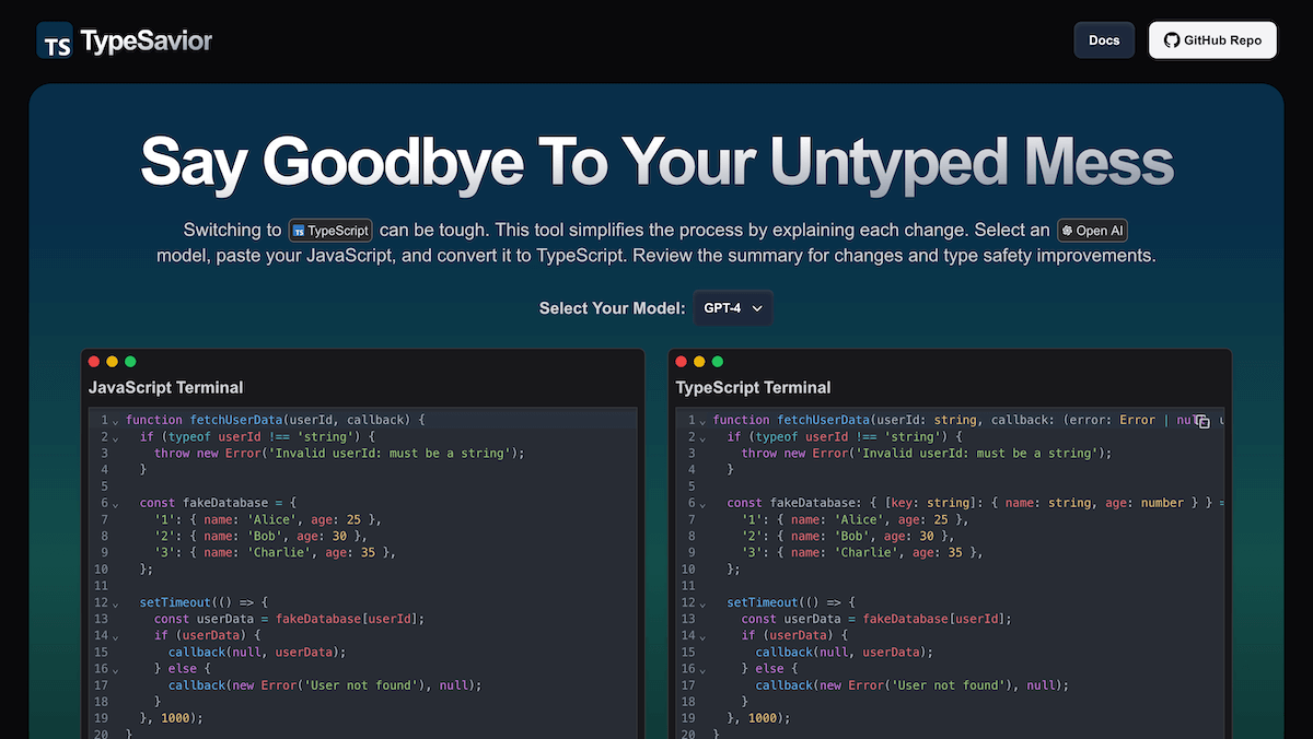 TypeSavior - Your AI JavaScript to TypeScript Converter