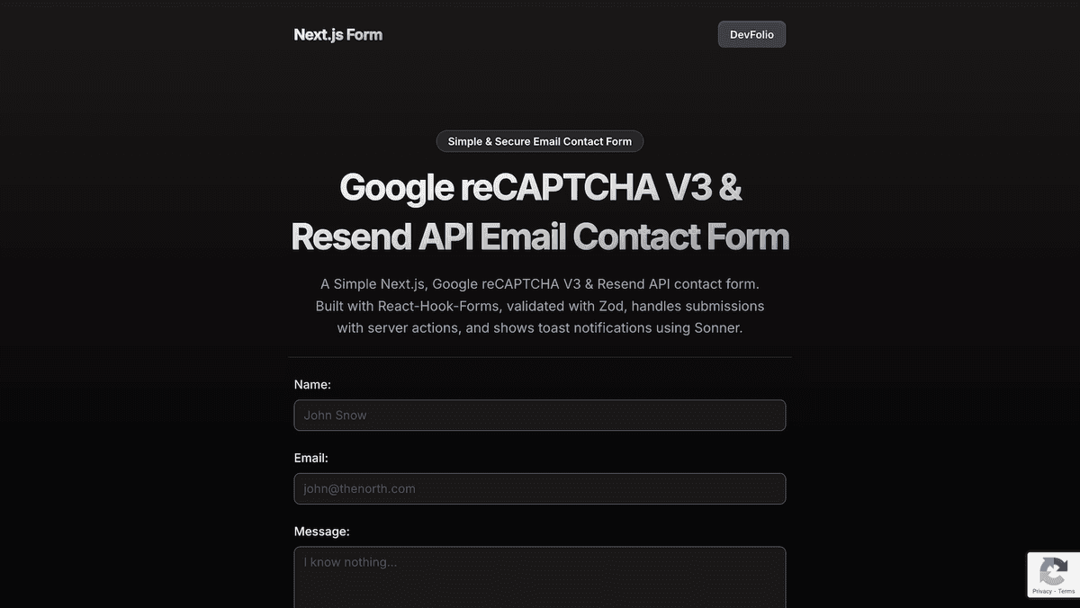 Google reCAPTCHA & Resend API Email Next.js Contact Form