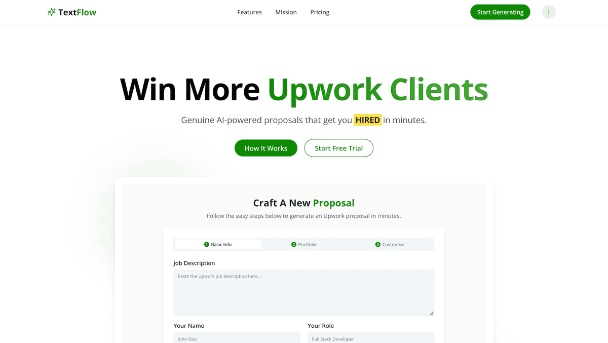 TextFlow - AI-powered proposal tool for Upwork freelancers.
