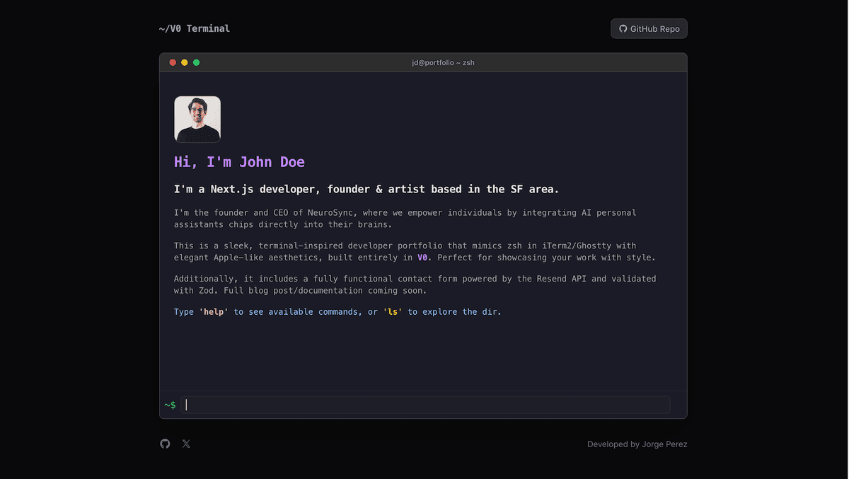 V0 Terminal - A Sleek Terminal-Inspired Developer Portfolio